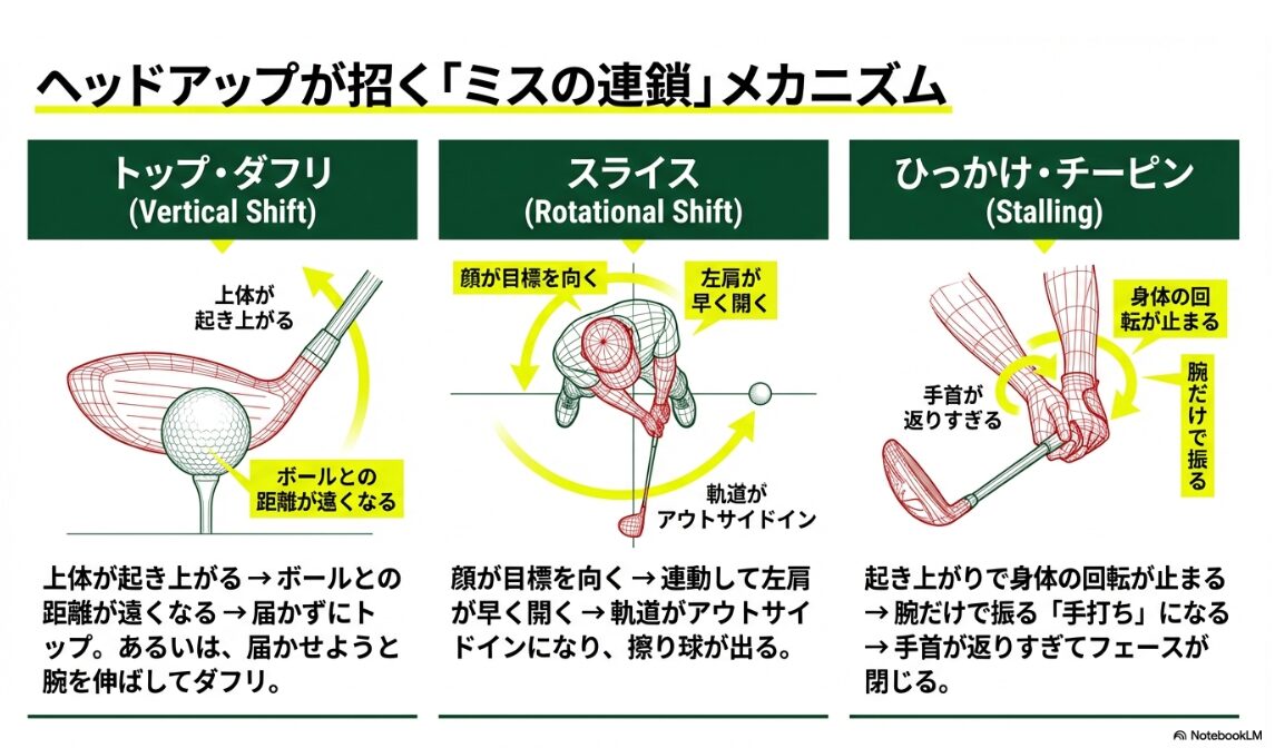 スライスを招く顔の早期回転メカニズム 顔の向きが早期に変わることで左肩が開きスライスが発生するプロセス
