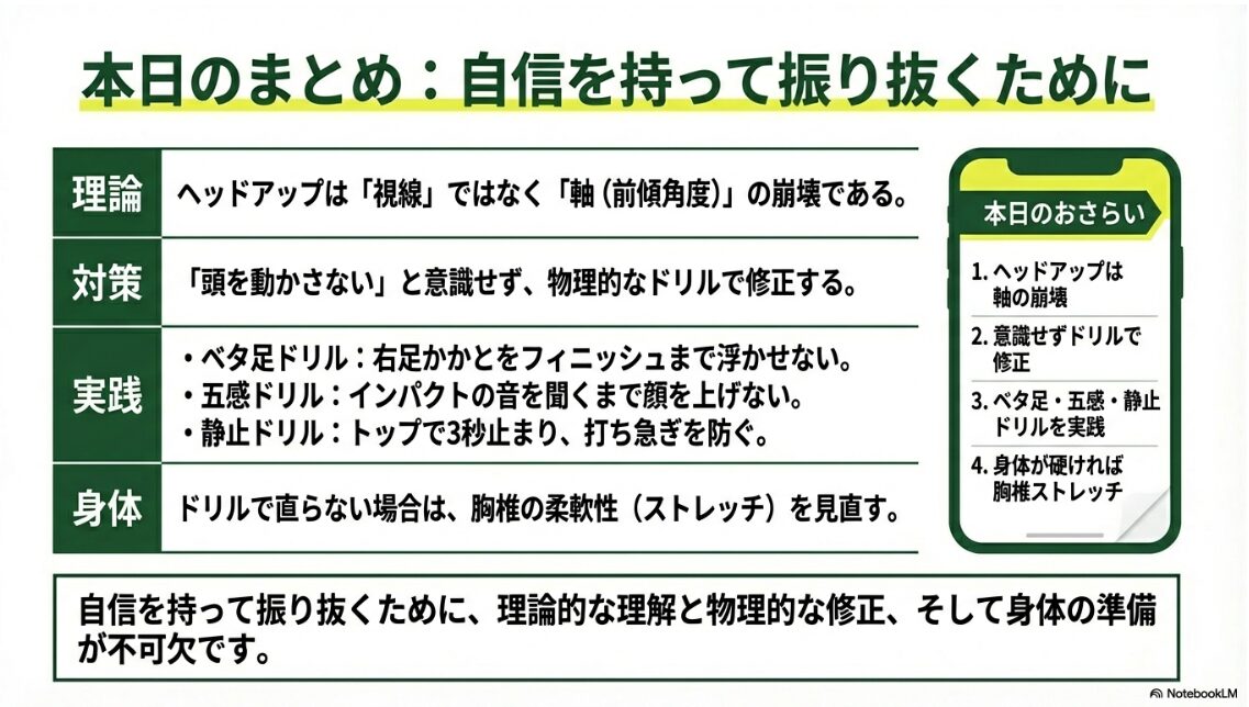 本日の重要ポイントまとめ 理論・対策・実践ドリル・身体ケアを網羅したヘッドアップ改善チェックリスト