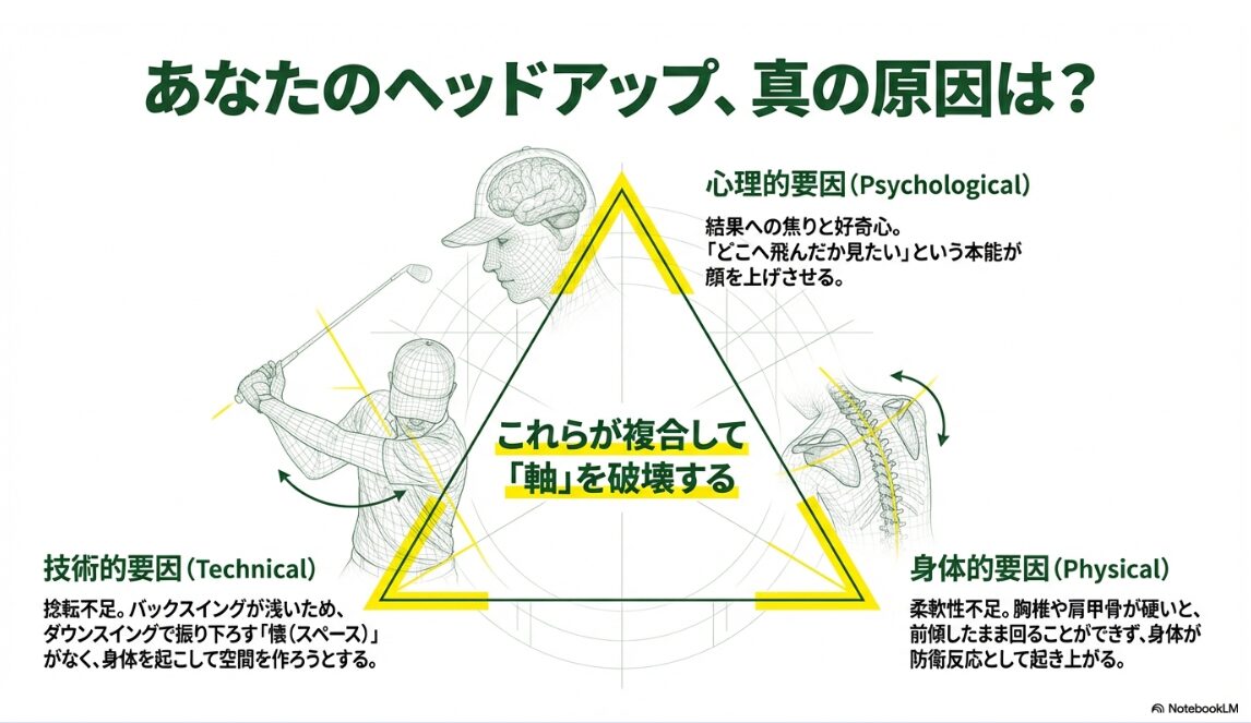 ヘッドアップを引き起こす多角的な原因分析 心理・技術・身体の3大要因がスイング軸を破壊するヘッドアップの原因図