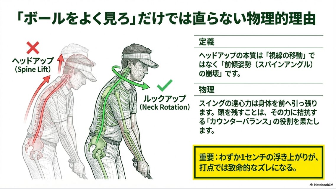 スイング軸を破壊するヘッドアップの物理的要因 ヘッドアップによる背骨の浮き上がりと正しいルックアップの骨格比較図