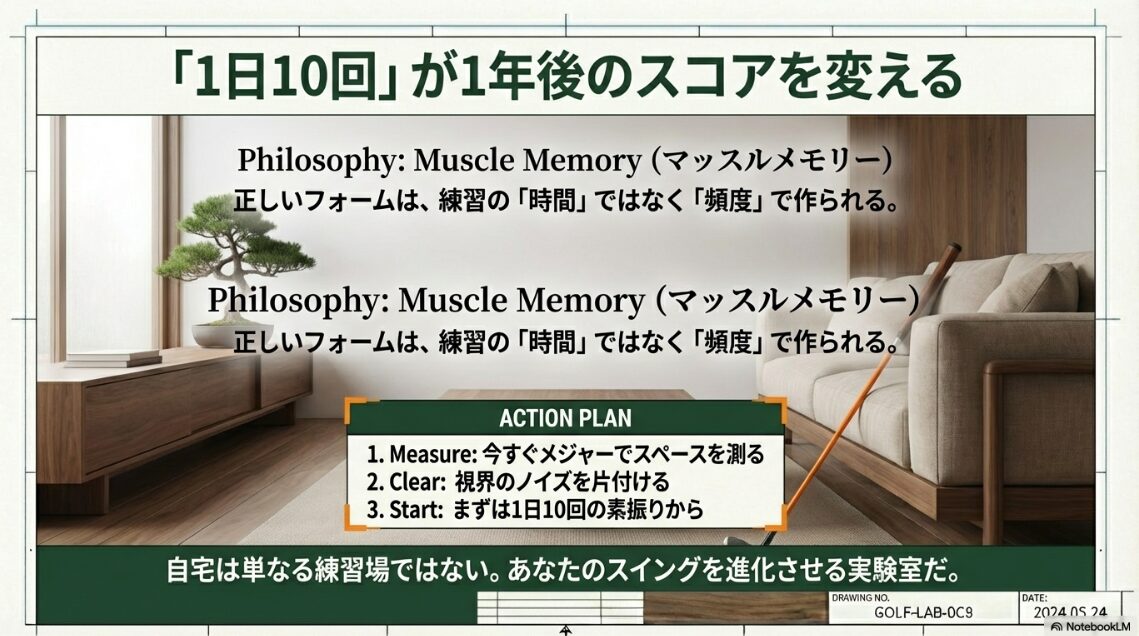 1日10回の積み重ねが、1年後のスコアを変える 自宅練習を始めるためのスペース計測・片付け・習慣化のアクションプラン図解