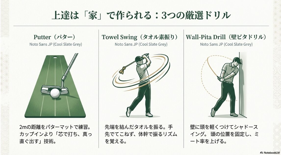 自宅でできる3大ドリル（パター練習・タオル素振り・壁ピタドリル）の図解