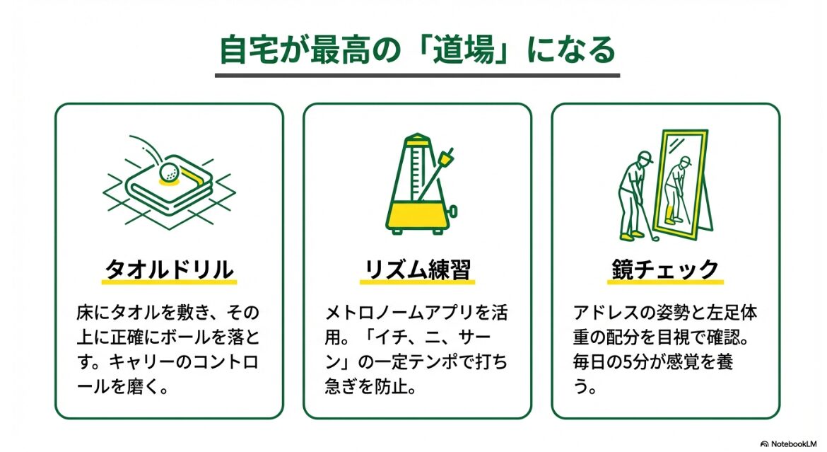 自宅でできるゴルフアプローチの練習メニュー（タオルドリル・リズム・鏡チェック）のアイコン図解