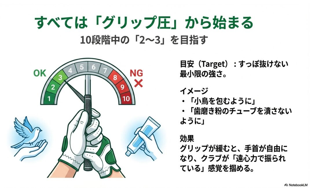ゴルフの理想的なグリッププレッシャーを10段階で示したスケール図解