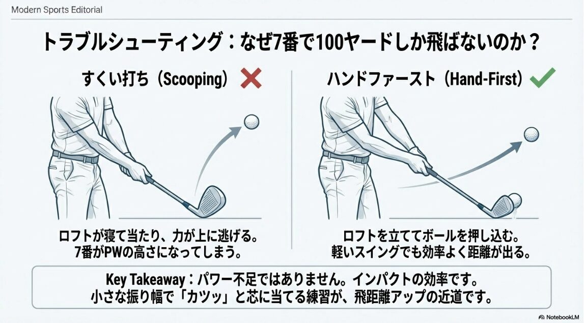 インパクトの効率を上げるハンドファーストと悪い例であるすくい打ちの比較図