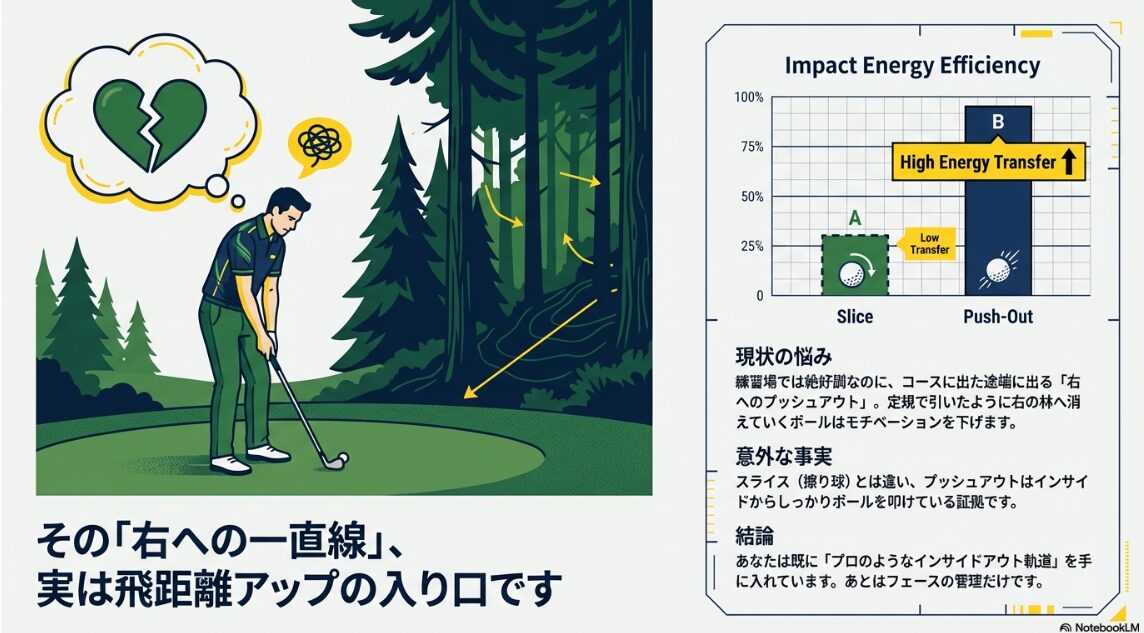 スライスとプッシュアウトの打撃エネルギー伝達率を比較したグラフ