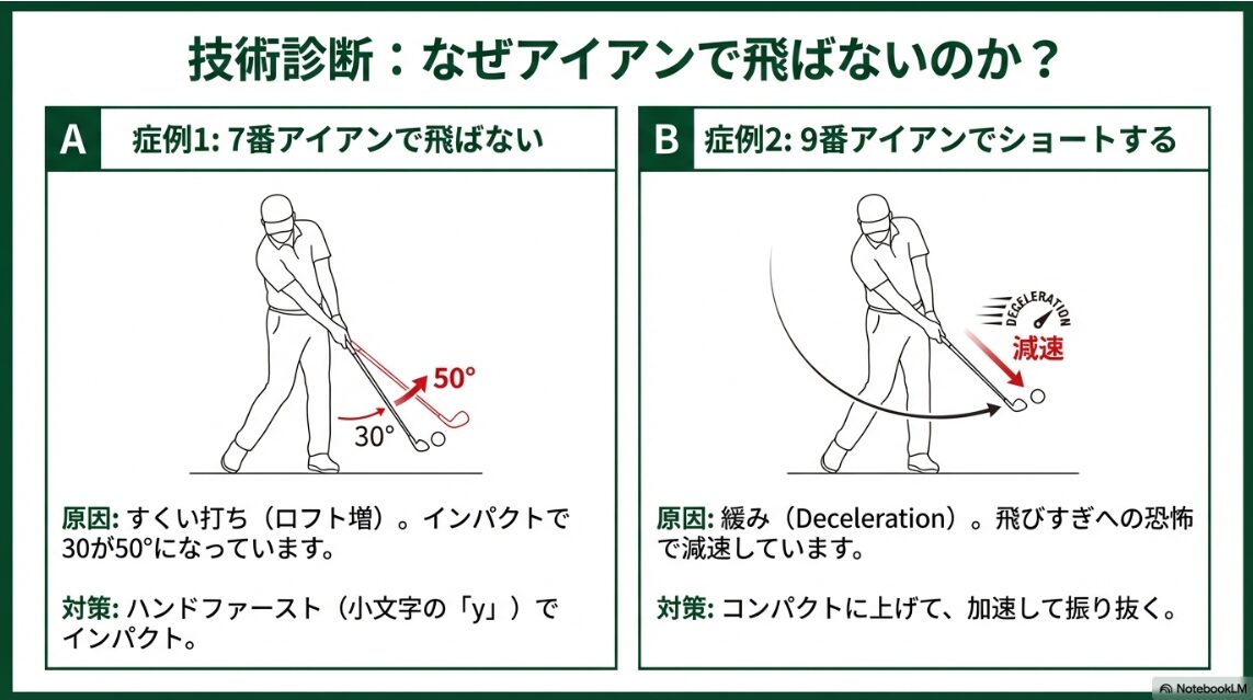 インパクトでのすくい打ちによるロフト増と、スイングの緩みが引き起こす飛距離不足のメカニズム