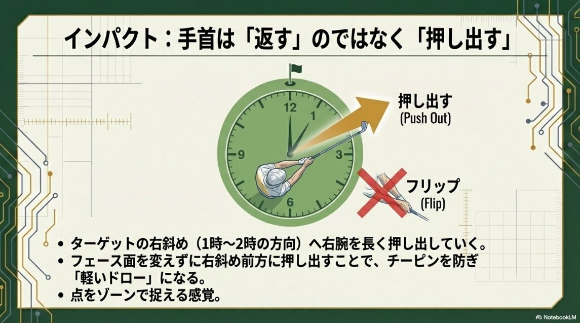 ドローボールを安定させる1時方向への右腕の押し出しリリースの図解