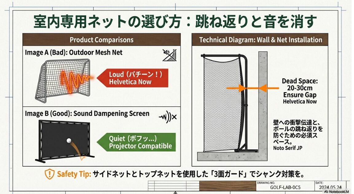 室内専用ネットの選び方:消音と跳ね返り防止 室内用ゴルフネットの消音スクリーン比較と壁からの推奨設置距離20-30cmの解説図