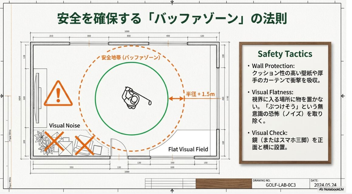 バッファゾーンの法則:安全なスイングスペースの確保 室内ゴルフ練習での事故を防ぐための半径1.5mバッファゾーンのレイアウト図