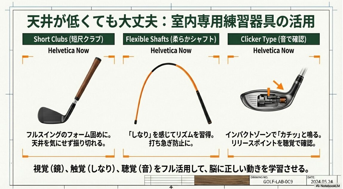 室内専用練習器具の活用:五感で覚える正しい動き 室内練習向けの短尺クラブや柔らかいシャフト、音の鳴るスイング練習器具の機能比較