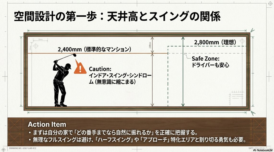 天井高とスイングの関係:インドア症候群を防ぐ 日本の標準的な天井高2.4mと理想の2.8mでのゴルフスイングの余裕の比較