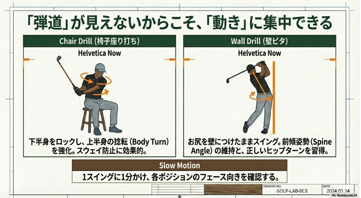 室内特化型ドリル:弾道が見えないからこそ動きに集中 スウェーを防止する椅子座り打ちドリルと前傾姿勢を維持する壁ピタドリルのやり方解説図