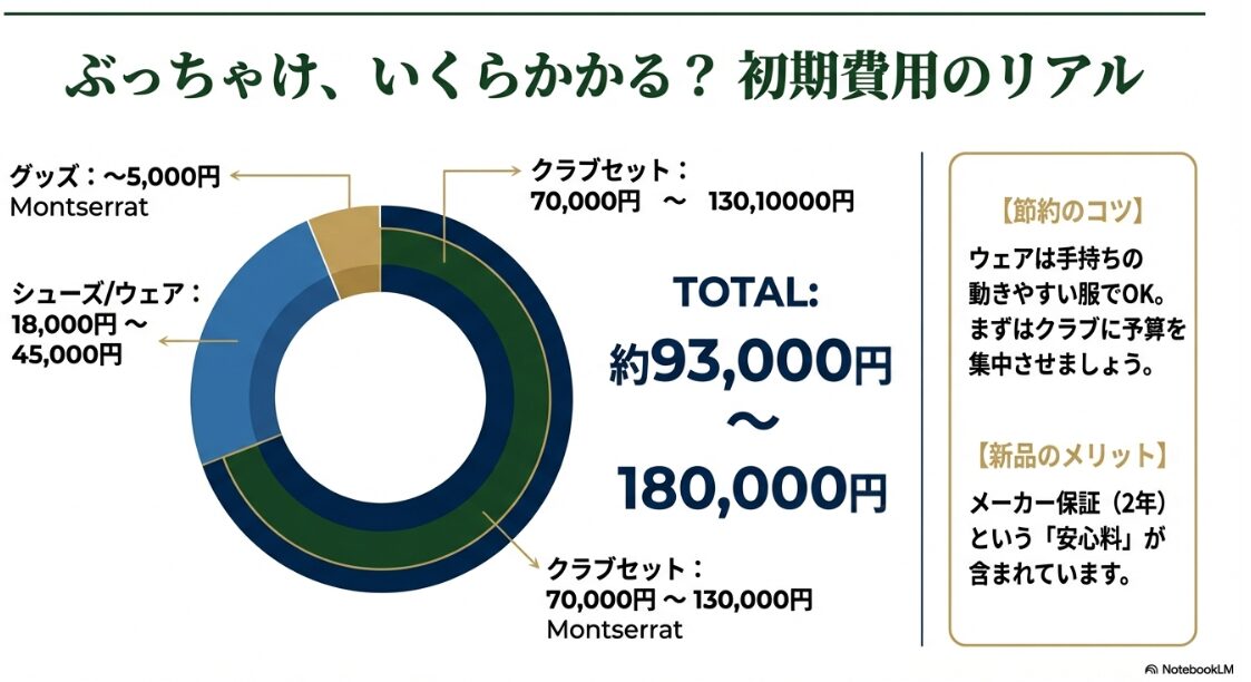 ゴルフ初期費用の内訳（クラブセット・シューズ・ウェア・小物）の予算円グラフ