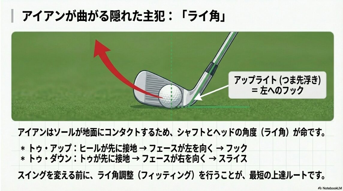 アイアンのライ角が合っていない時に起こるフックやスライスの物理的メカニズム
