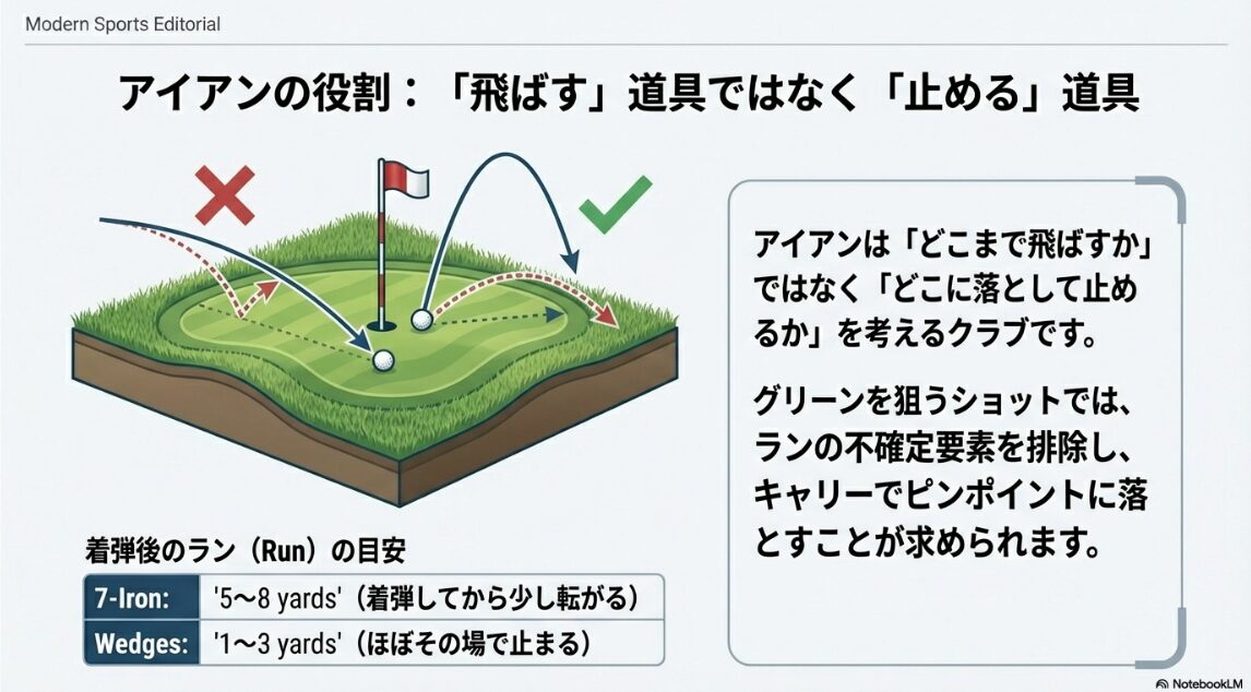 アイアンとウェッジの着弾後のラン（転がり）の目安比較図