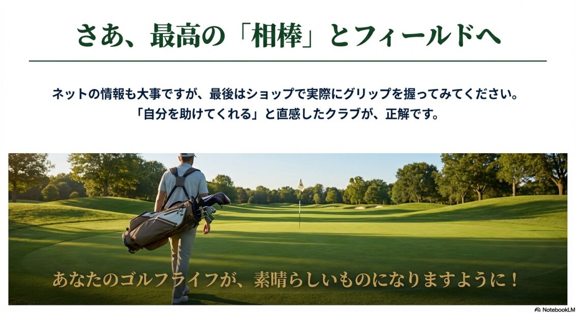 自分に合ったゴルフクラブを担いでコースへ向かう初心者の後ろ姿