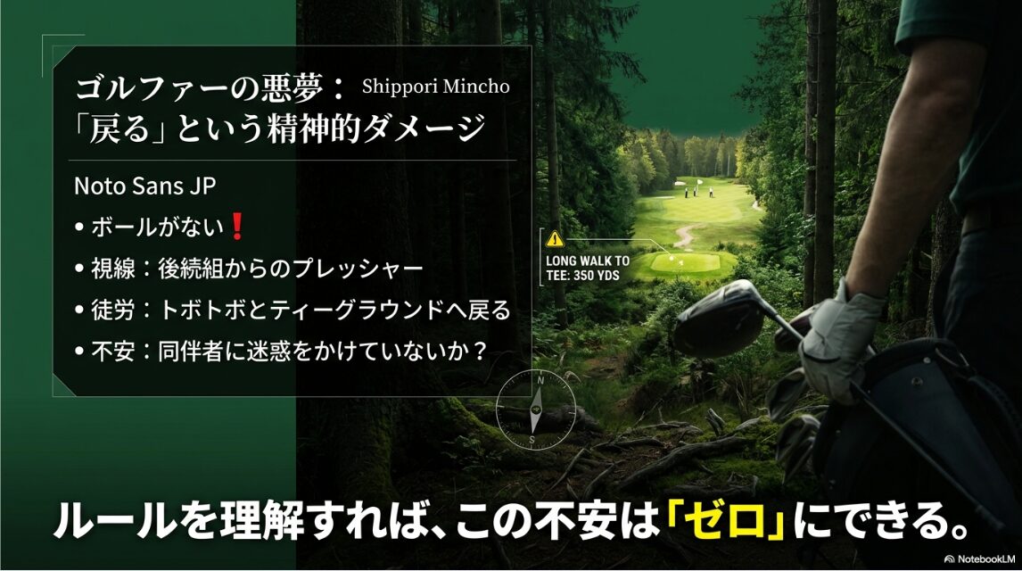 ロストボールによる精神的ダメージ ロストボールでティーグラウンドへ戻る際の精神的ダメージとプレッシャーの図解