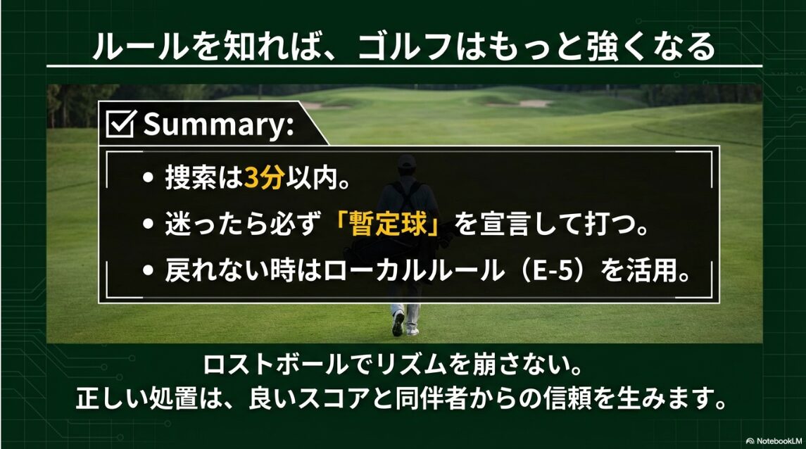 まとめ:正しいルールが信頼を生む ロストボールと暫定球に関する重要ポイントをまとめた最終確認スライド