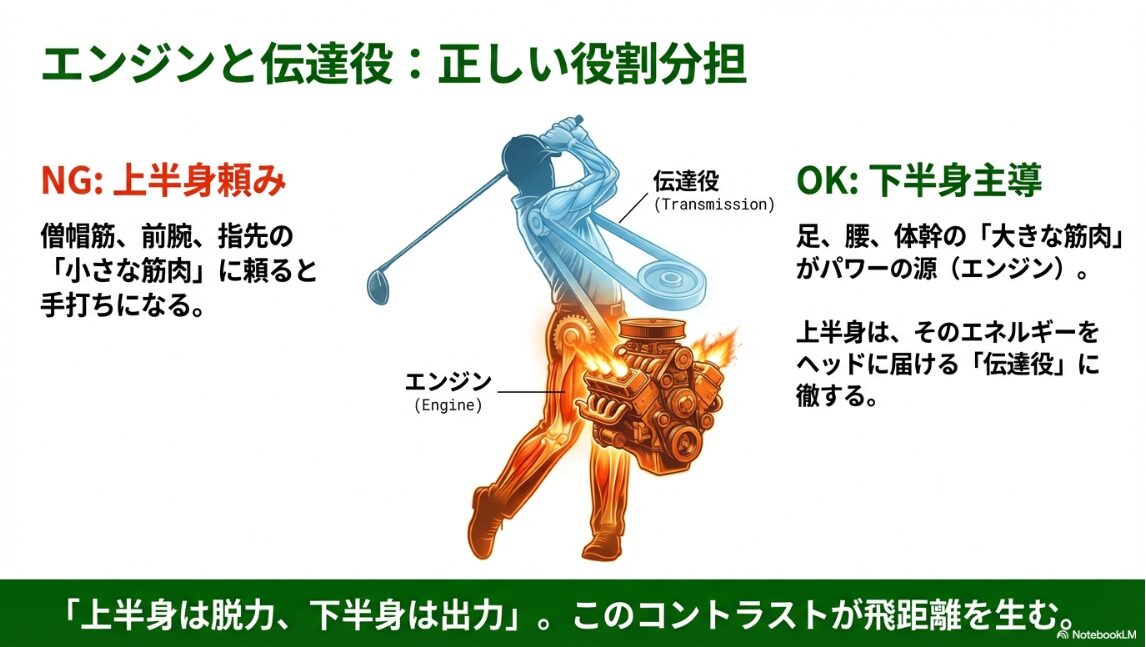 下半身をエンジン、上半身を伝達役としたゴルフスイングの理想的な役割分担