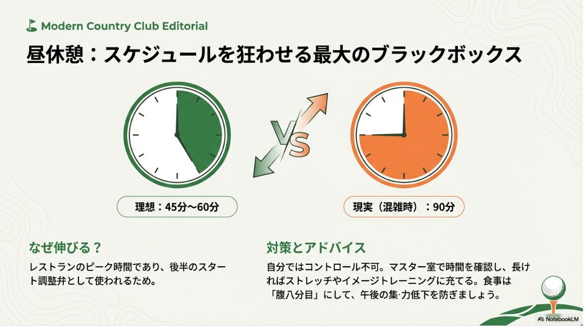 理想的な60分休憩に対し混雑時に90分まで延びる昼休憩のスケジュール遅延リスク図解