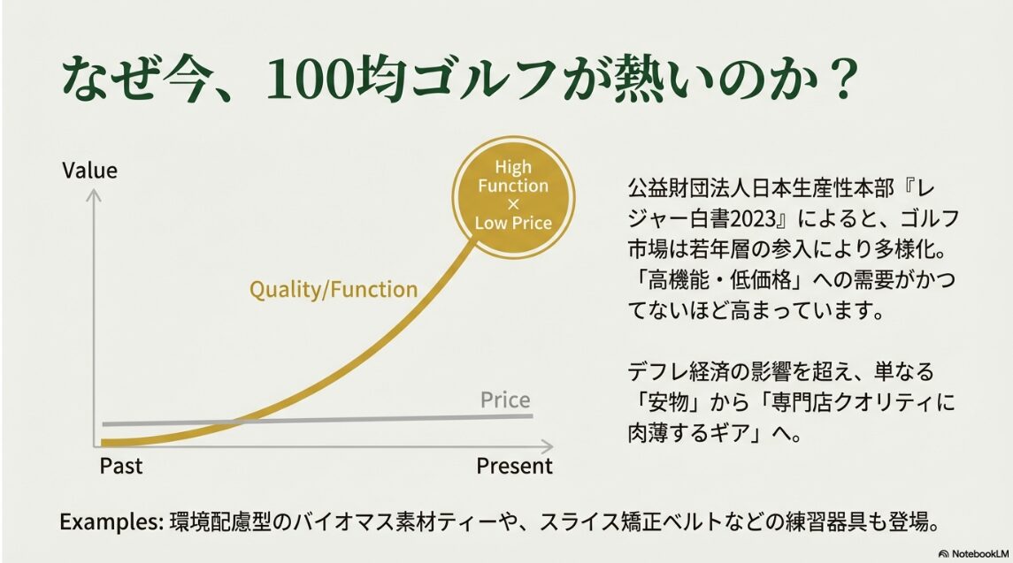 ゴルフ市場の多様化と高機能低価格アイテムへの需要の高まりを示すグラフ
