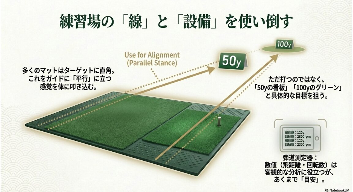 打ちっぱなしマットの線をガイドにした平行スタンスの取り方と目標狙い