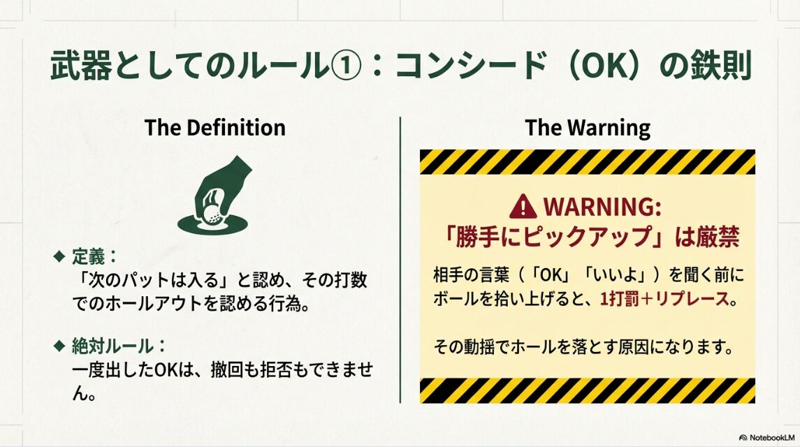 ゴルフのマッチプレーにおけるコンシードの定義と、不用意なボールの拾い上げに対する罰則ルール