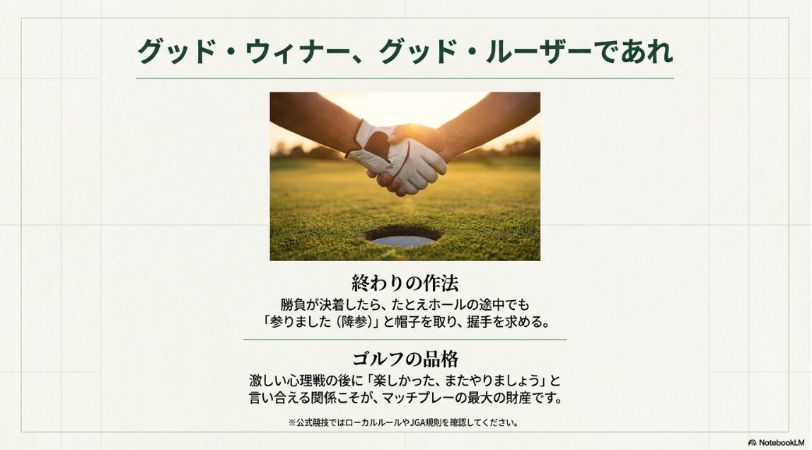 試合終了後に相手と握手を交わしリスペクトを伝え合うマッチプレーの終わりの作法