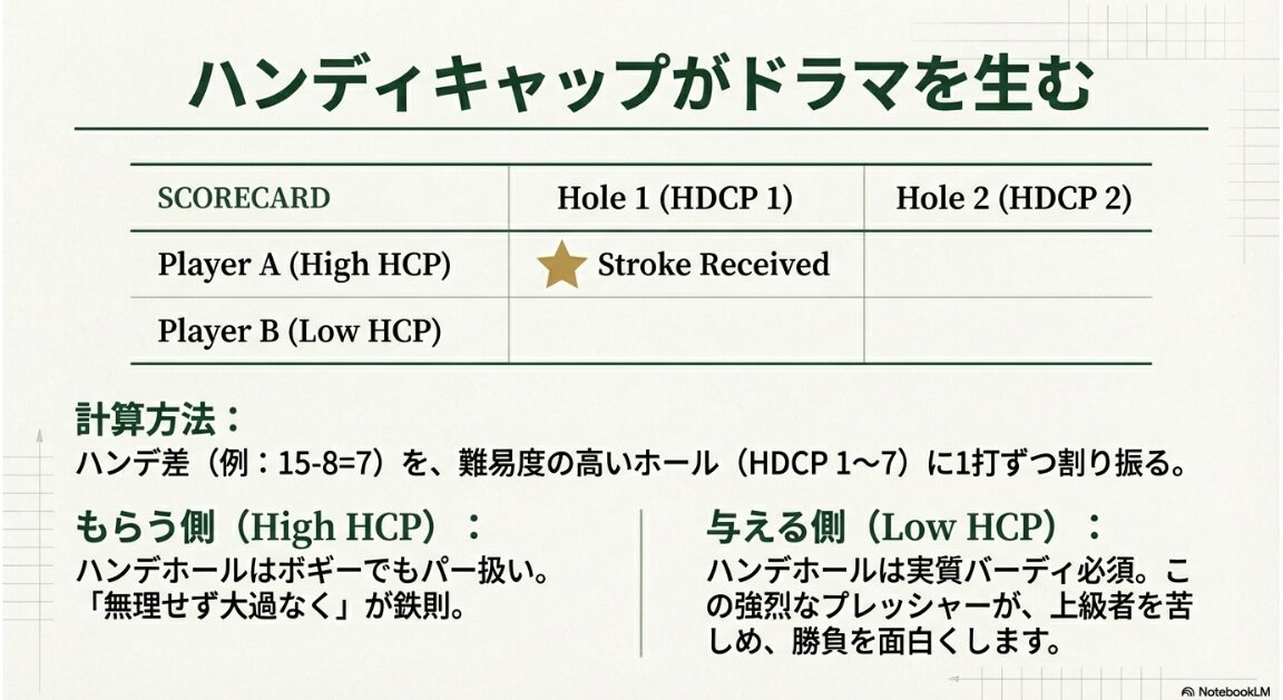 マッチプレーにおけるハンディキャップ差の算出方法と、ストロークインデックスへの具体的な配分手順