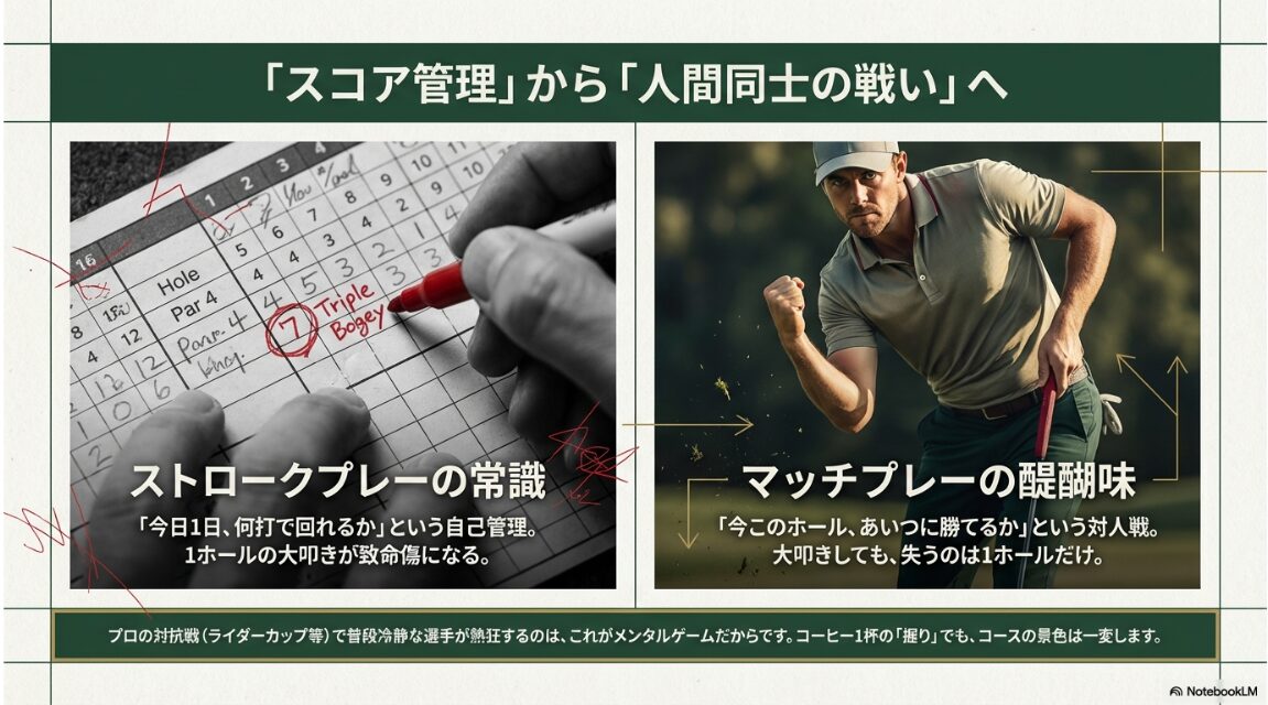 スコア管理から人間同士の戦いへ視点が切り替わるゴルフのマッチプレーの醍醐味を解説したスライド