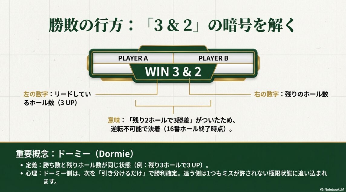 ゴルフのマッチプレーのスコア表記3アンド2の意味と、逆転が不可能になる決着の仕組みを図解したスライド
