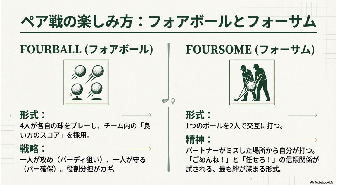 フォアボールとフォーサムのプレースタイルや戦略、チームの役割分担の違いを解説した図解スライド