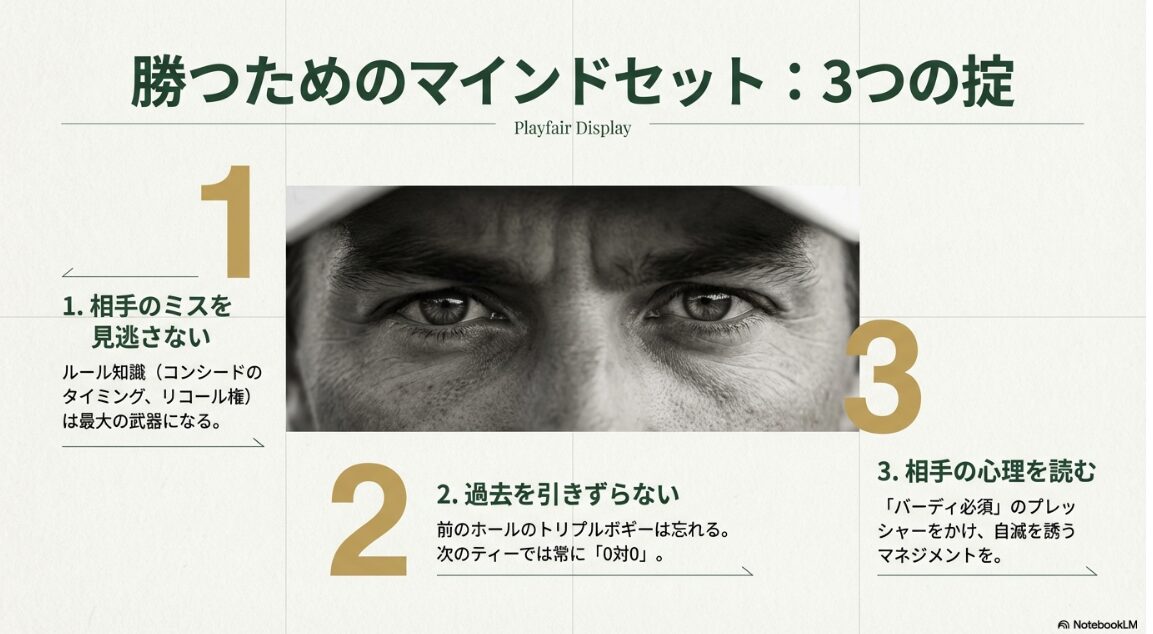 ゴルフのマッチプレーで勝利するために守るべき「3つの掟」をまとめたマインドセット図解