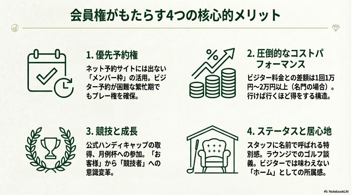 優先予約権、コストパフォーマンス、競技と成長、ステータスの4つの核心的メリットを示したアイコン図解