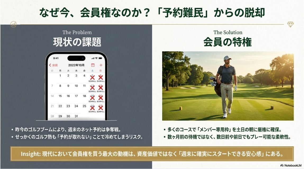 土日の朝にメンバー枠を確保し予約難を解消するメリットを示した図解スライド