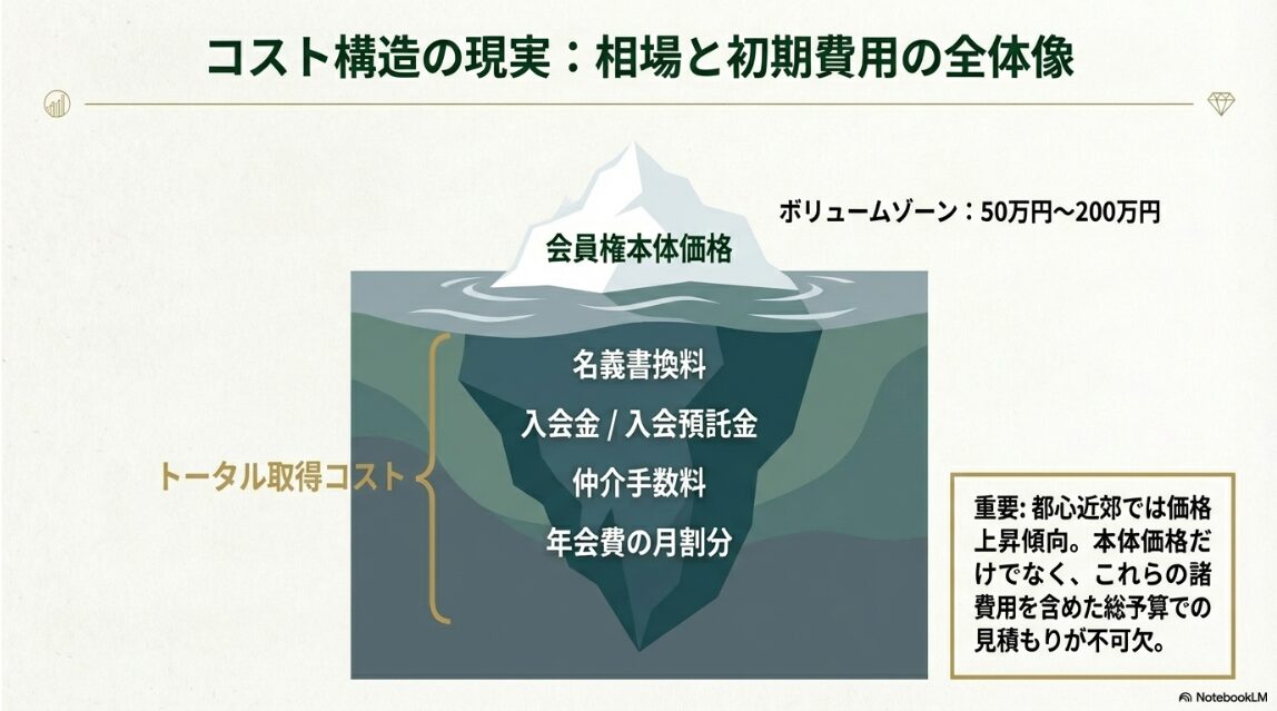 本体価格だけでなく名義書換料や入会金を含めたゴルフ会員権の総予算構成図のスライド