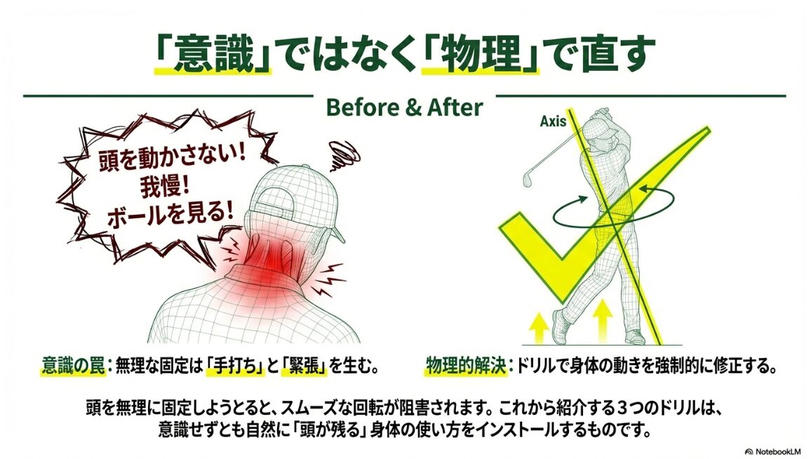 意識ではなく物理で直すスイング改善の考え方 精神論的な我慢の限界と物理的ドリルによる解決の重要性を示す概念図
