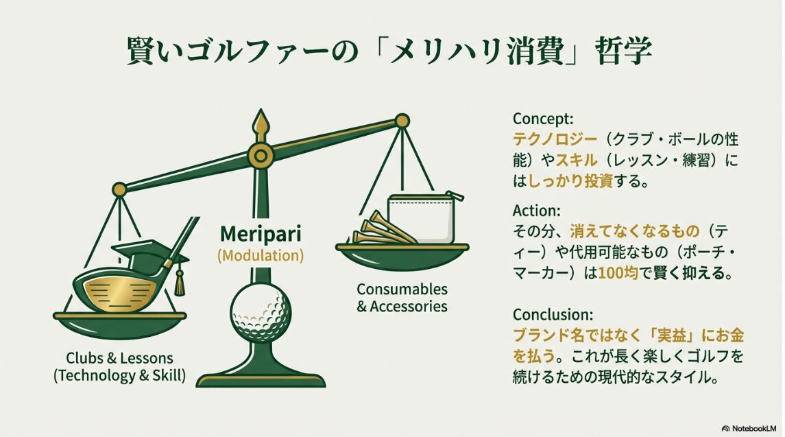 技術や道具への投資と消耗品の節約のバランスを示す天秤のイラスト