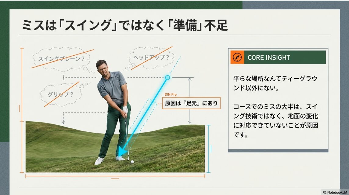 ゴルフのコースでミスをする原因はスイング技術ではなく足元の地面の変化への対応不足であることを示す図解
