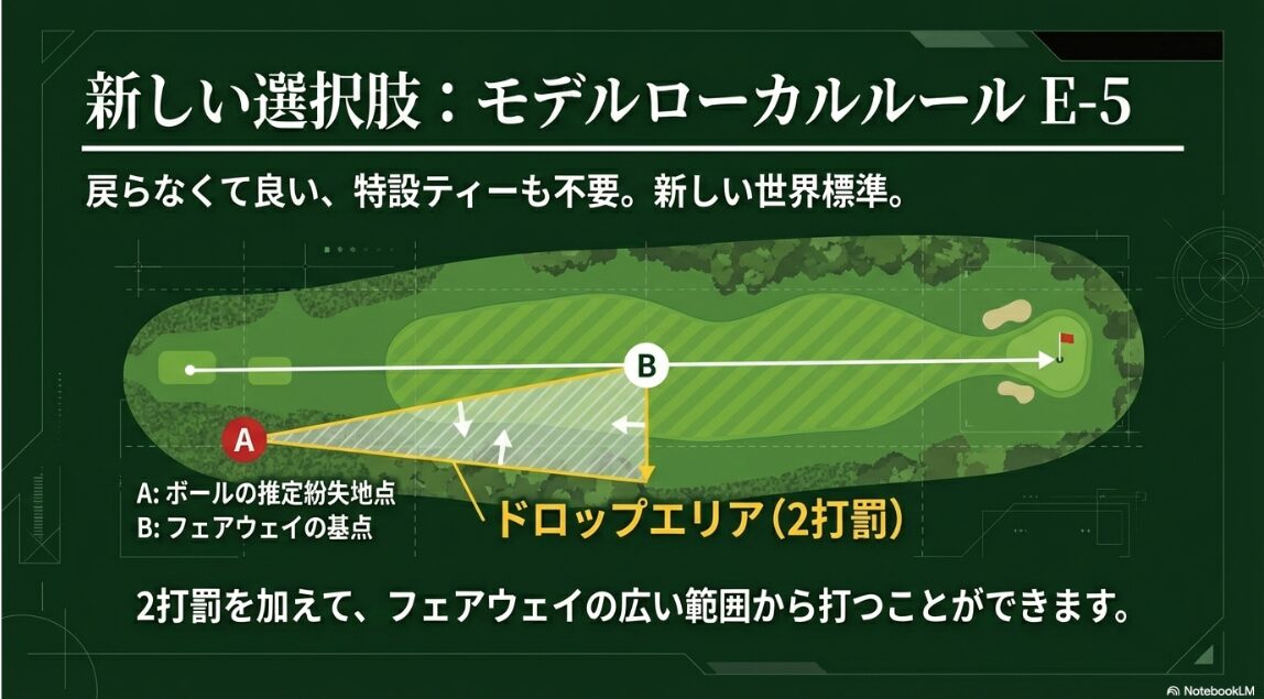 モデルローカルルールE-5の救済エリア モデルローカルルールE-5に基づく救済エリアとドロップ地点の決定方法の図解