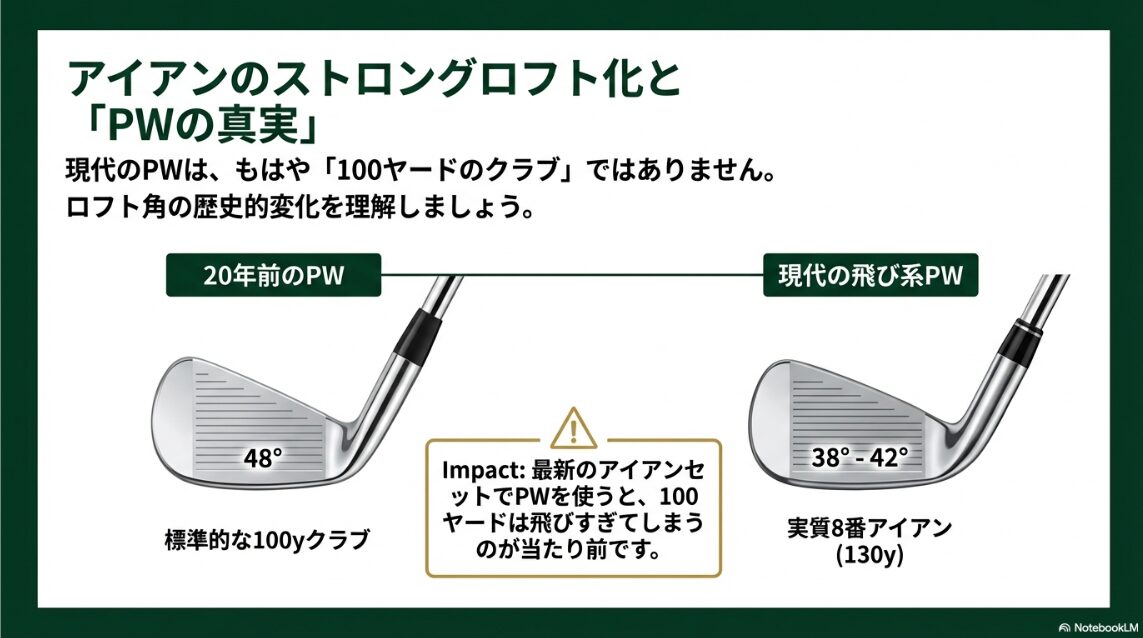 20年前のPWと現代のストロングロフトPWの角度の違いと飛距離の変化を示した図