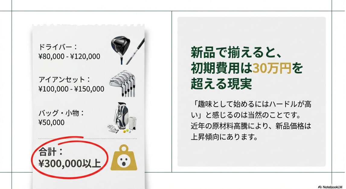 新品のゴルフクラブセットを揃えた場合の総額費用30万円の内訳図