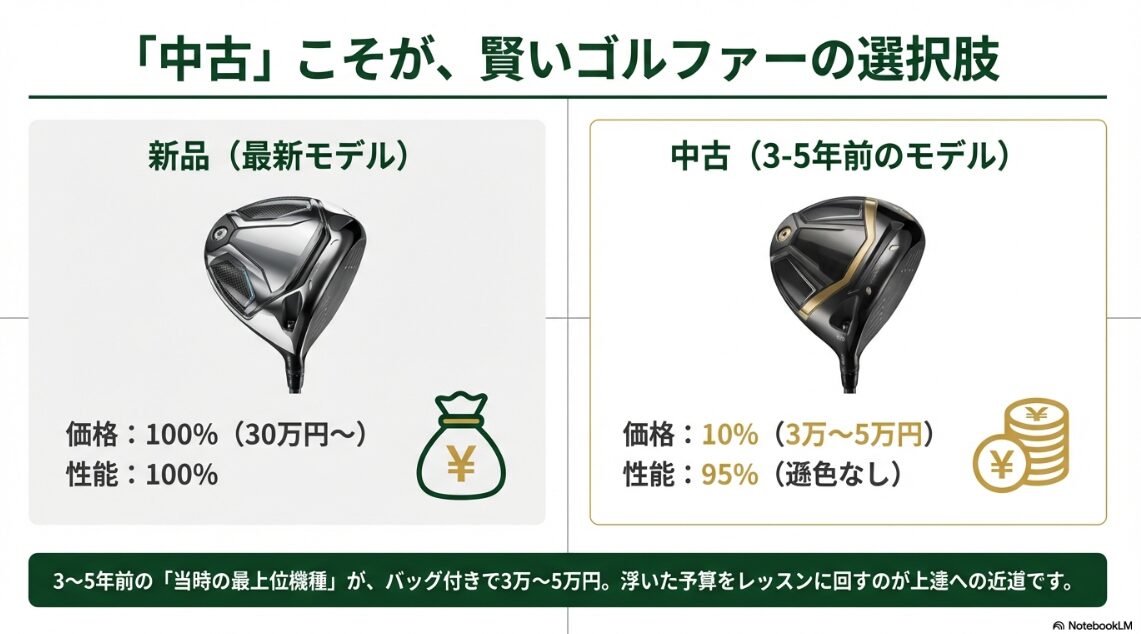 新品と中古ゴルフクラブの価格と性能のバランスを比較したグラフ