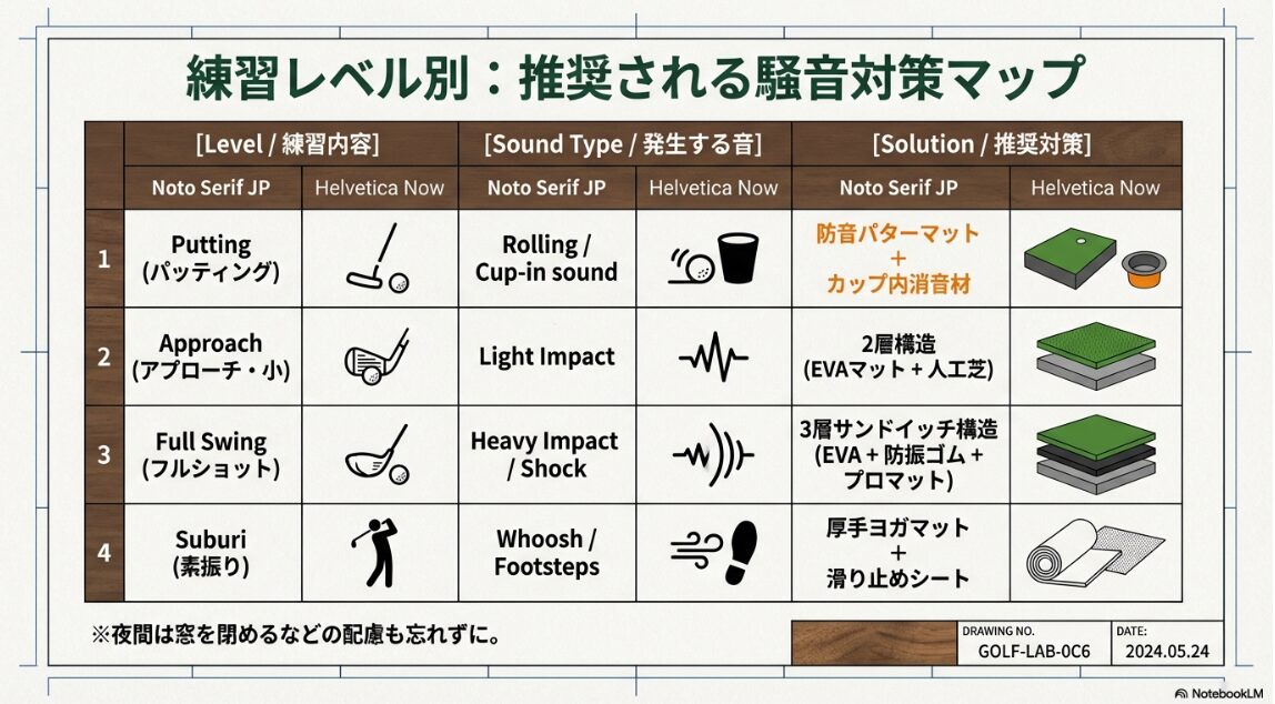 練習レベル別:騒音対策マップ パッティングからフルスイングまでの練習内容に応じた騒音・振動対策一覧表