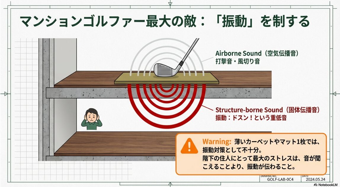 騒音と振動のメカニズム:なぜ薄いマットでは不十分なのか ゴルフの打撃音が空気と建物を伝わるメカニズムと騒音・振動の違い