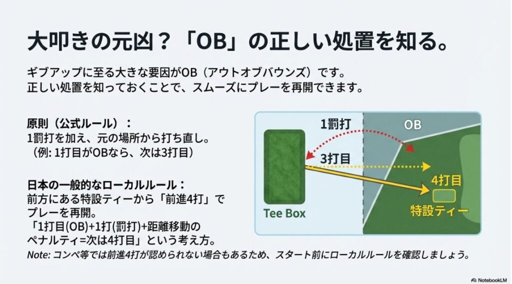 ティーショットOBから特設ティー、前進4打へ至る打数計算の図解