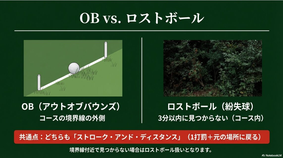OB vs. ロストボール OB(白杭の外)とロストボール(コース内紛失)の定義の違いを示す比較図