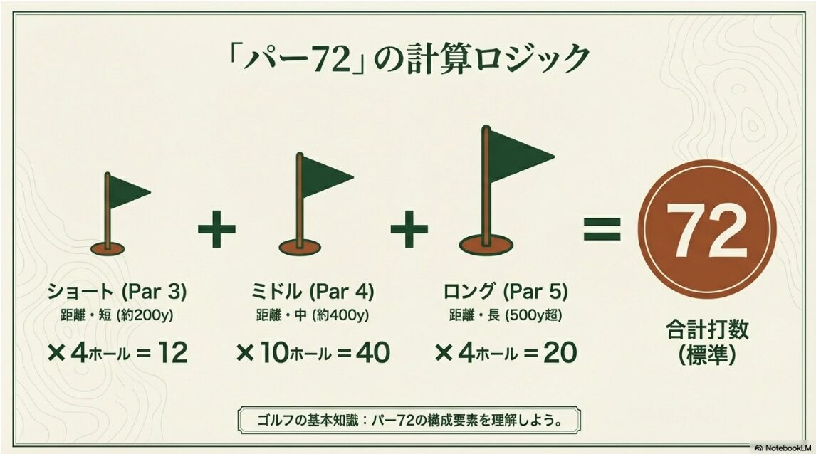 パー3・4・5の組み合わせで合計72になる規定打数の計算ロジック