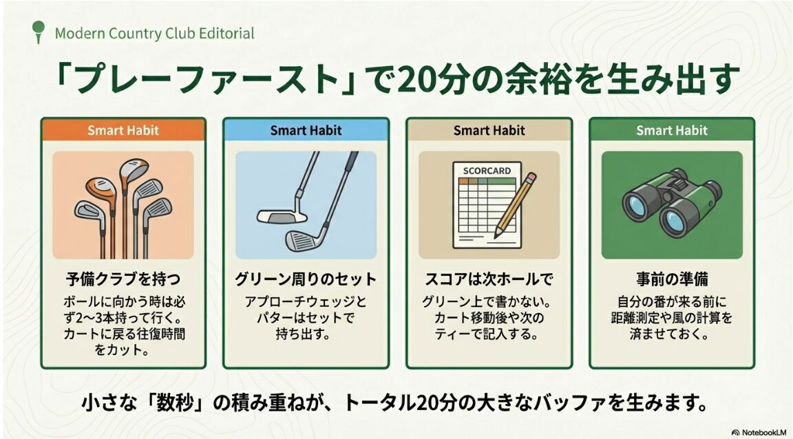 予備クラブの持参やスコア記入のタイミングなどプレー時間を20分短縮する4つのスマート習慣